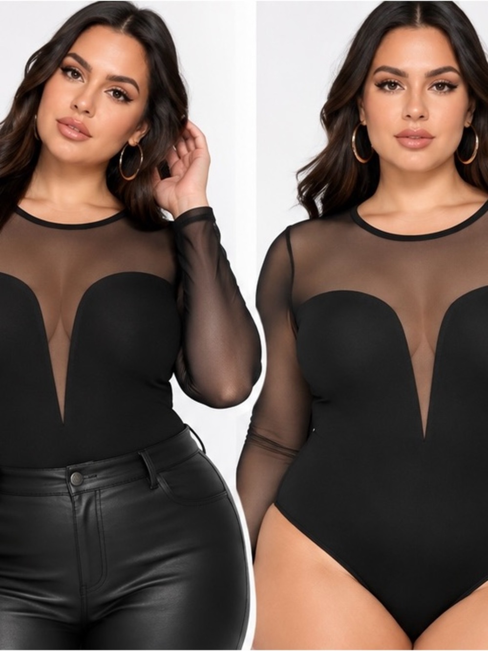 Ambiance 3X Black Mesh Bodysuit Sheer Long Sleeve Sweetheart Plus Size Sexy